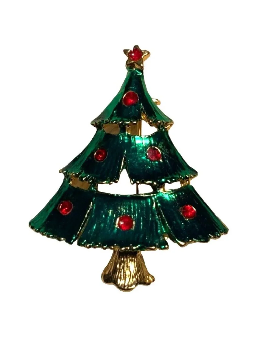 Christmas Tree Pin with Red  Rhinestones Tree Decorations gold tone